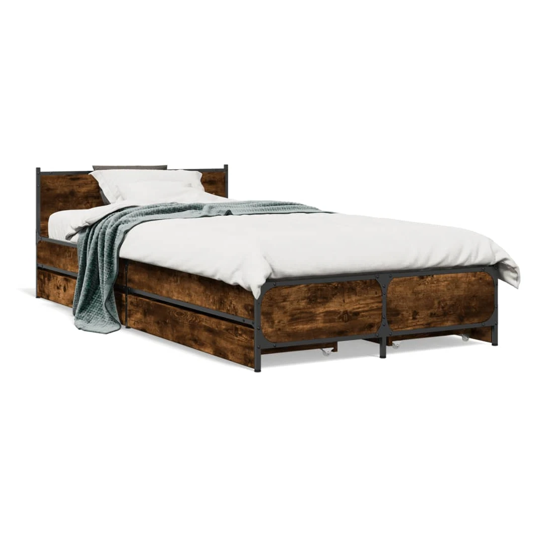 Cadru de pat cu sertare stejar fumuriu 75x190 cm lemn prelucrat - Obține un somn mai odihnitor cu acest cadru de pat cu LED! Va fi o completare binevenită în orice dormitor.  Material durabil: Lemnul prelucrat este d...