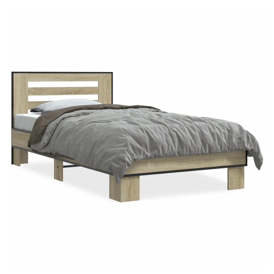Cadru de pat, stejar sonoma, 90x190 cm, lemn prelucrat și metal - Obține un somn mai odihnitor cu acest cadru de pat! Va fi o completare binevenită în orice dormitor. Material durabil: Lemnul prelucrat este de o cali...