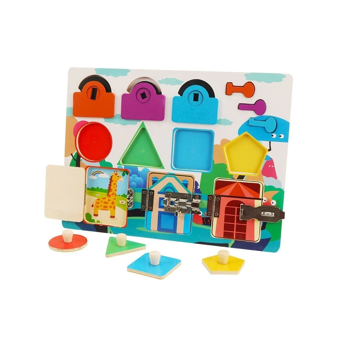 Joc educativ, Activitati Montessori cu puzzle forme si joc cu incuietori, 3315256-1 - 
