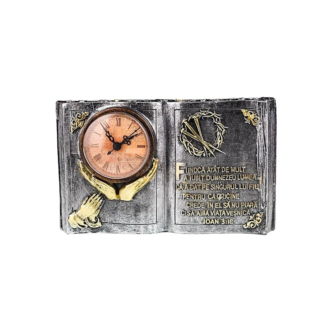 Ceas de masa, In forma de carte cu citat religios si coroane de spini, 24 cm, 1694H - 
