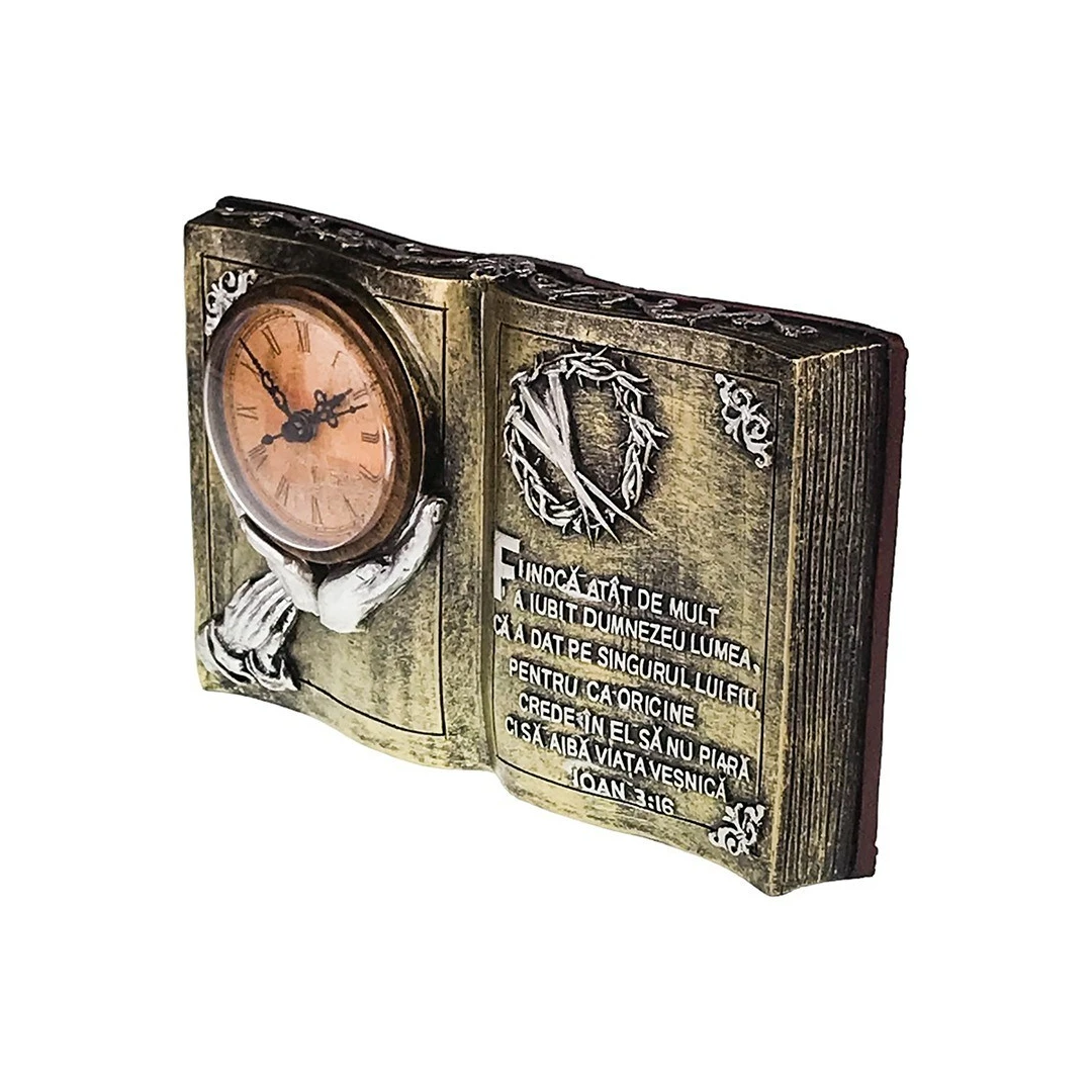 Ceas de masa, In forma de carte cu citat religios si coroane de spini, 24 cm, 1694H-1 - 