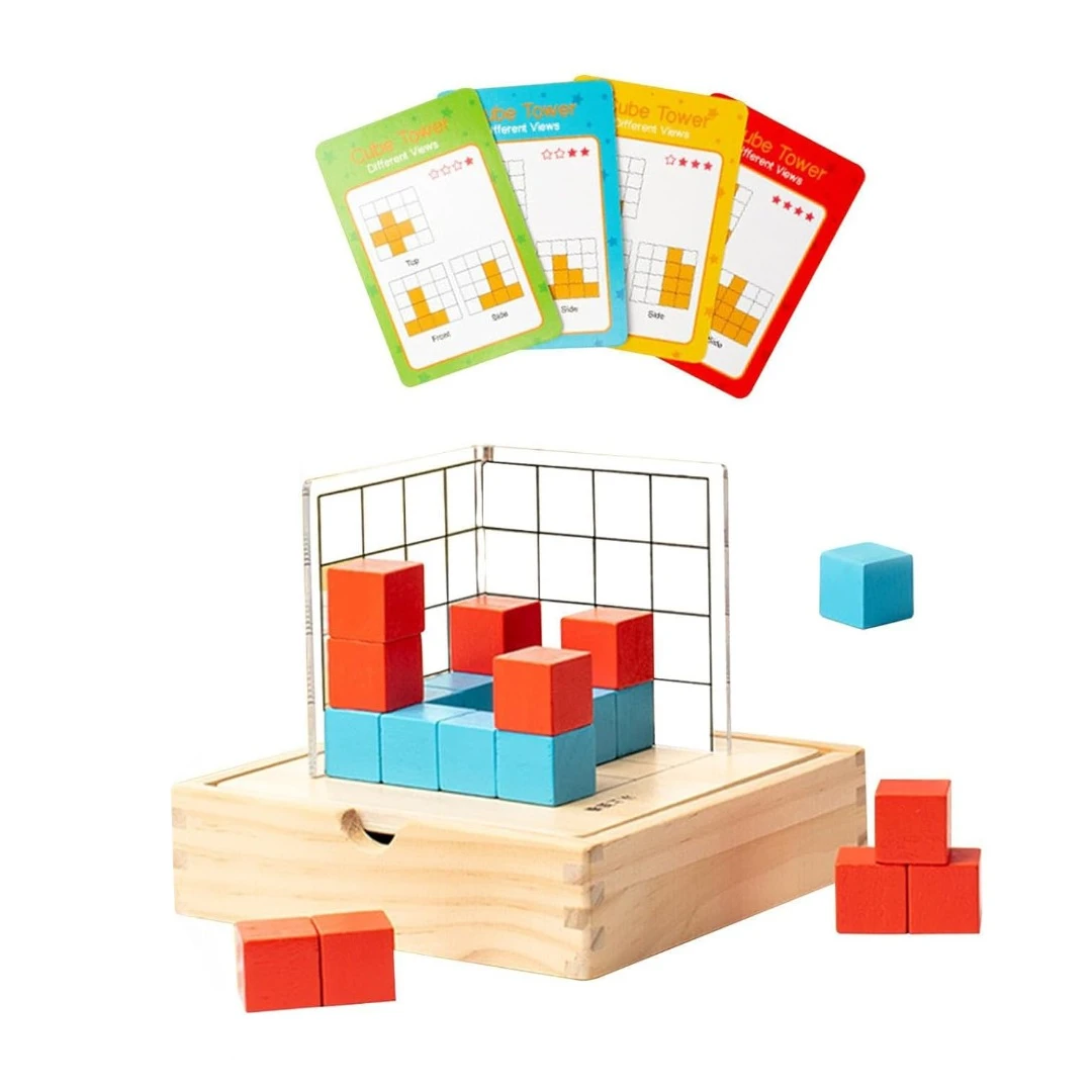 Cuburi 3D din Lemn pentru Joc de Logica si Vizualizare Spatiala, Three Views Learning Box, 22200151 - 