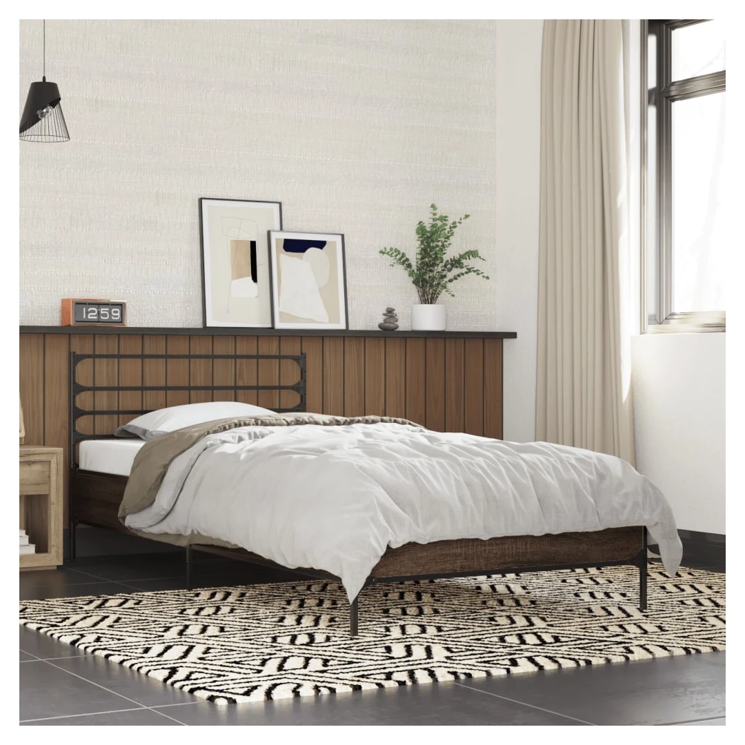 Cadru de pat, stejar maro, 90x190 cm, lemn prelucrat și metal - Obține un somn mai odihnitor cu acest cadru de pat! Va fi o completare binevenită în orice dormitor. Material durabil: Lemnul prelucrat este de o cali...