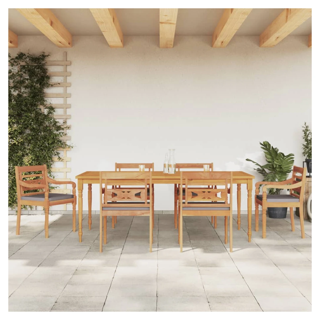 Set mobilier grădină cu perne gri închis 7 piese lemn masiv tec - Bucurați-vă de o masă bună sau de un ceai de după-amiază în spațiul dvs. în aer liber, cu acest set de mobilier de grădină pentru luat masa Batavia, d...