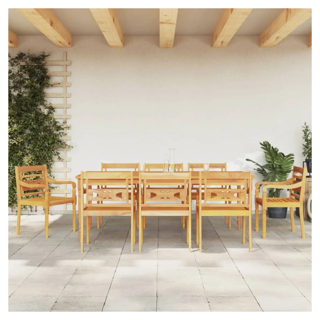 Set mobilier de grădină, 9 piese, lemn masiv de tec - Bucurați-vă de o masă bună sau de un ceai de după-amiază în spațiul dvs. în aer liber, cu acest set de mobilier de grădină pentru luat masa Batavia, d...
