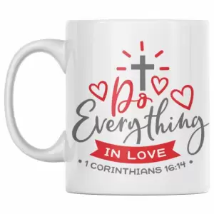 Cana cafea, Priti Global, din ceramica cu textul crestin " Tot ce faceţi sa fie facut cu dragoste", 1 Corinteni 16:14, 300 ml - 