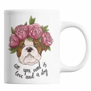 Cana cadou pentru iubitorii de animale, Priti Global, catel si flori, pentru ziua indragostitilor, cu mesaj amuzant: "All you need is love and a dog", 300 ml - 