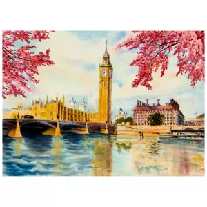 Tapet autoadeziv Premium, Priti Global, Textura canvas, Peisaj primavara Londra, Big Ben, 130x94 cm - 