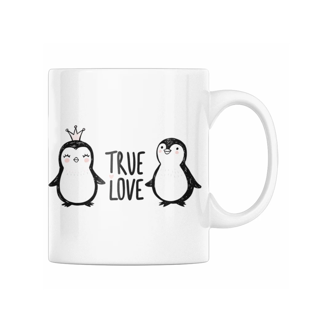 Cana personalizata pentru iubit de ziua lui de nastere, Priti Global, Dragoste adevarata, imprimata cu pinguini, 330 ml - 
