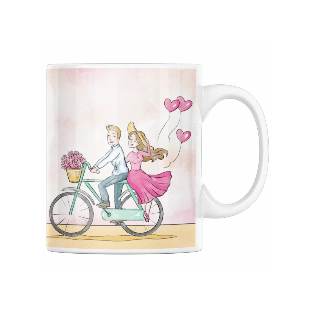Cana personalizata cadou special pentru iubit de ziua indragostitilor, Priti Global, cuplu pe bicicleta cu mesaj de dragoste, 330 ml - 