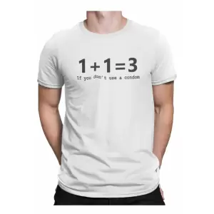 Tricou personalizat pentru baieti cu mesaj amuzant, 1 + 1 = 3, daca nu te protejezi, Priti Global, Alb, M - Tricou personalizat pentru baieti cu mesaj amuzant, 1 + 1 = 3, daca nu te protejezi, Priti Global, Alb, M