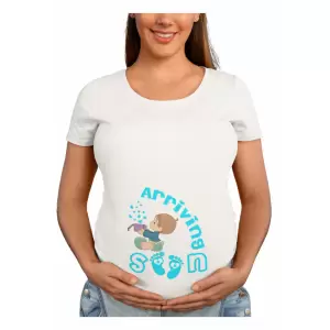 Tricou dama, Priti Global, imprimat cu mesajul Arriving soon, pentru gravide, Alb, L - Tricou dama, Priti Global, imprimat cu mesajul Arriving soon, pentru gravide, Alb, L