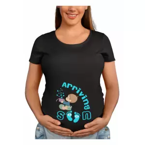 Tricou dama, Priti Global, imprimat cu mesajul Arriving soon, pentru gravide, Negru, XL - Tricou dama, Priti Global, imprimat cu mesajul Arriving soon, pentru gravide, Negru, XL
