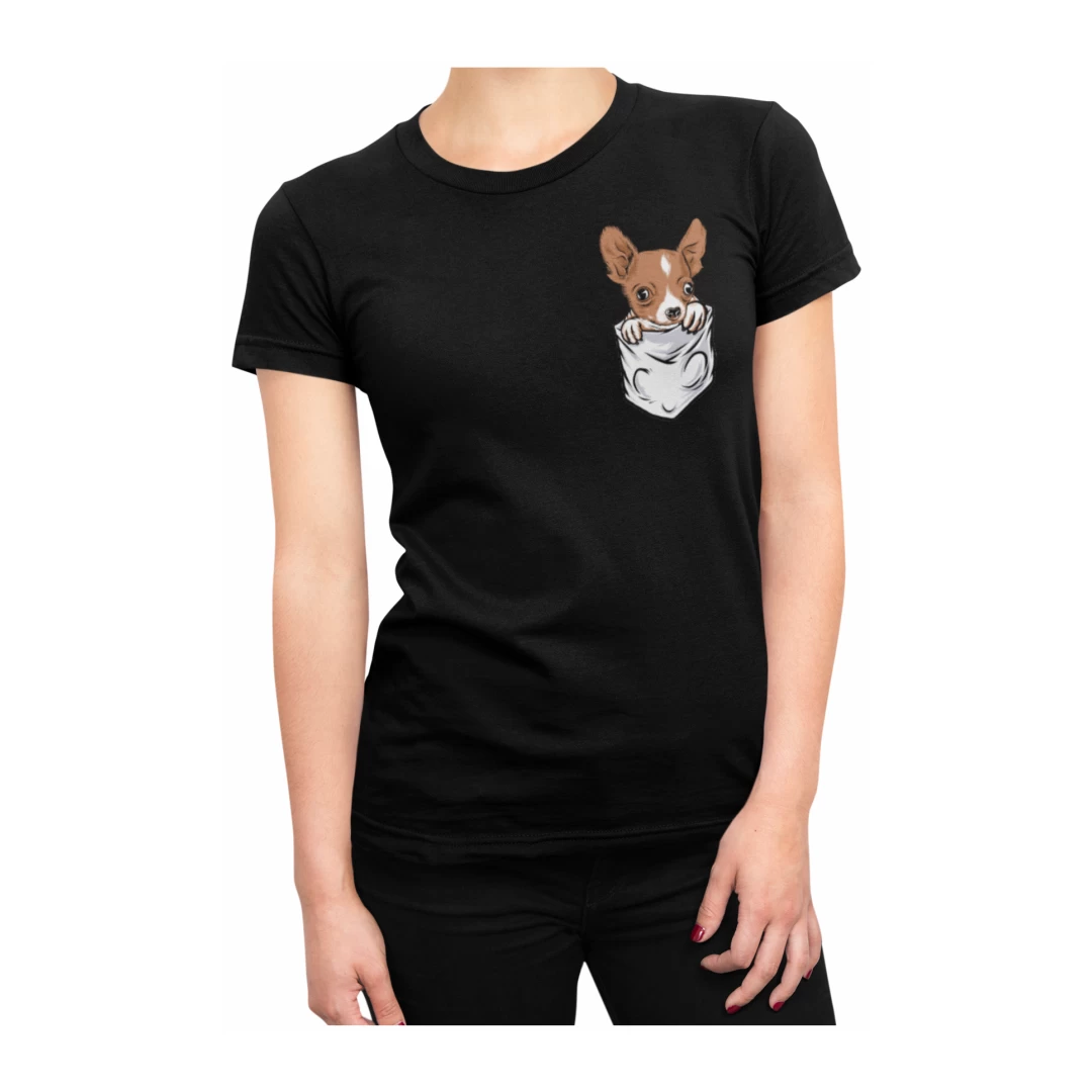 Tricou pentru femei, Priti Global, cu print buzunar, Chiwawa, pentru iubitorii de caini, Negru, L - Tricou pentru femei, Priti Global, cu print buzunar, Chiwawa, pentru iubitorii de caini, Negru, L