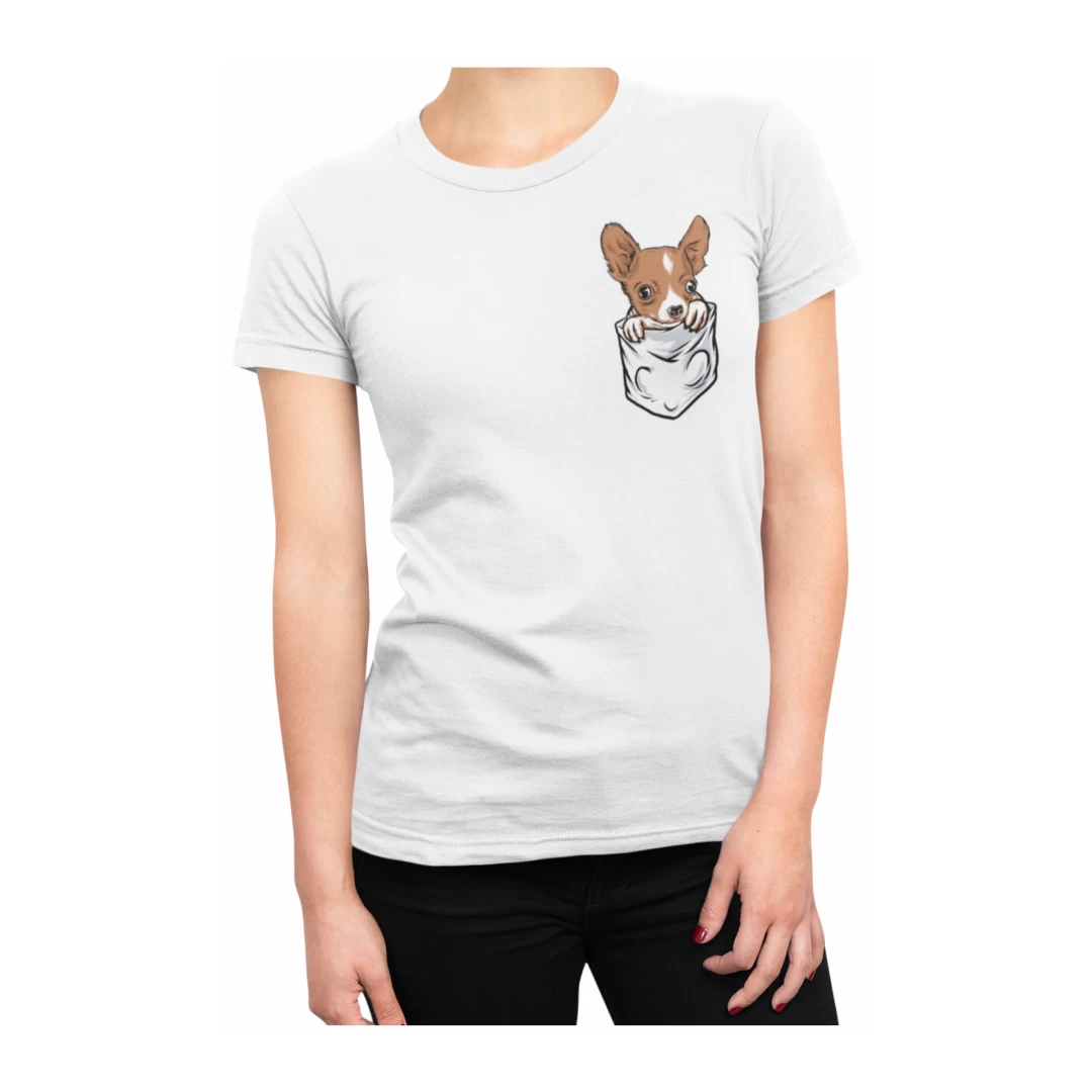 Tricou pentru femei, Priti Global, cu print buzunar, Chiwawa, pentru iubitorii de caini, Alb, S - Tricou pentru femei, Priti Global, cu print buzunar, Chiwawa, pentru iubitorii de caini, Alb, S