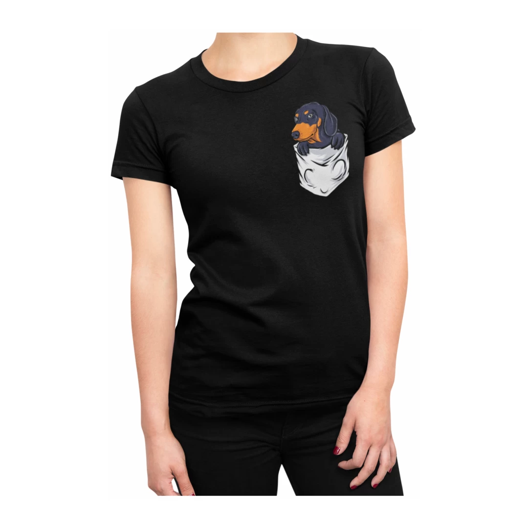 Tricou pentru femei, Priti Global, cu print buzunar, Dachshund, pentru iubitorii de caini, Negru, L - Tricou pentru femei, Priti Global, cu print buzunar, Dachshund, pentru iubitorii de caini, Negru, L