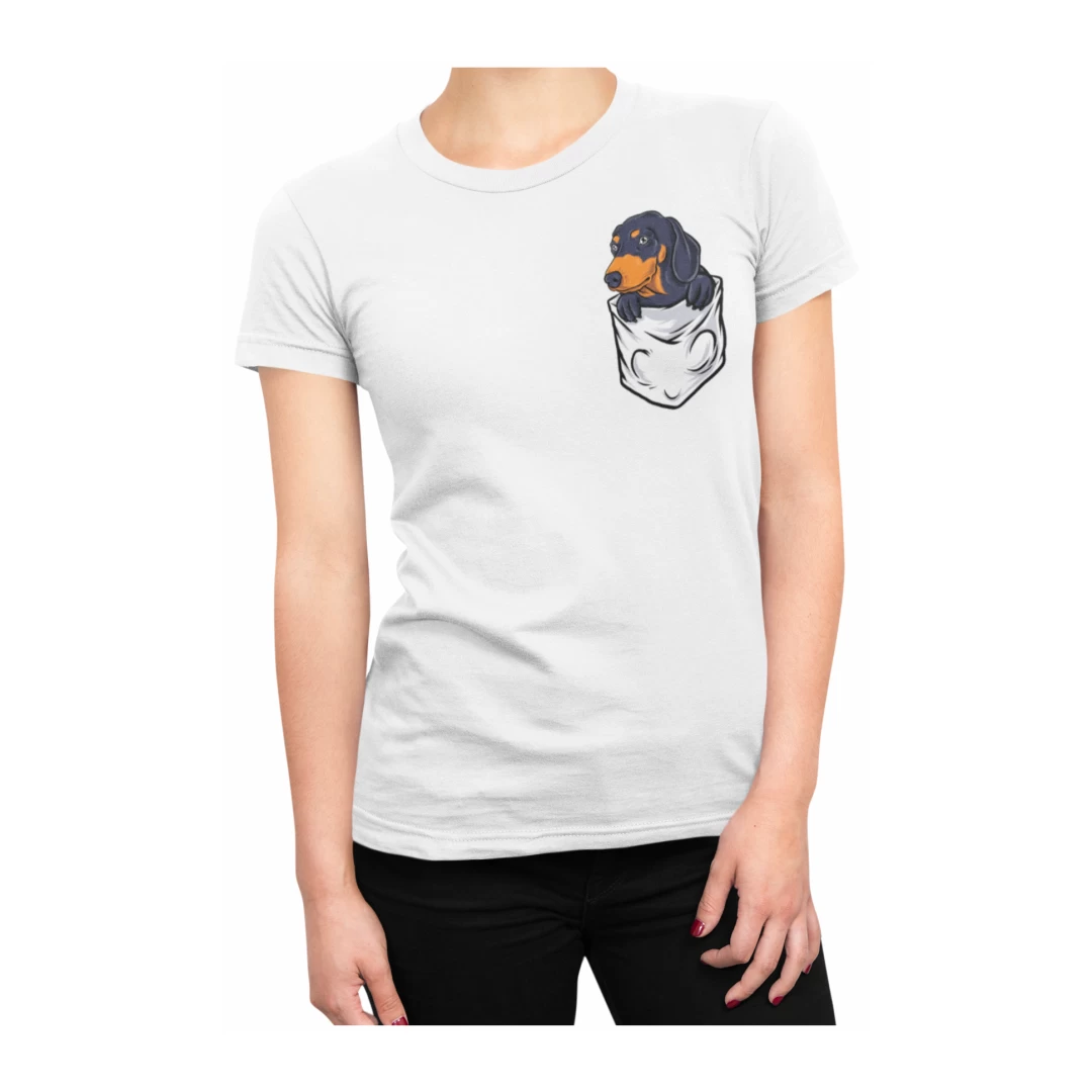 Tricou pentru femei, Priti Global, cu print buzunar, Dachshund, pentru iubitorii de caini, Alb, XL - Tricou pentru femei, Priti Global, cu print buzunar, Dachshund, pentru iubitorii de caini, Alb, XL