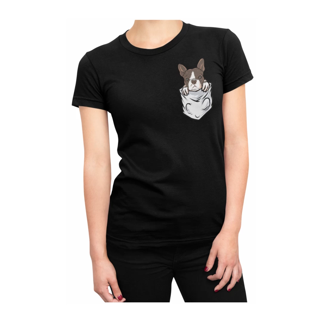 Tricou pentru femei, Priti Global, cu print buzunar, Boxer, pentru iubitorii de caini, Negru, L - Tricou pentru femei, Priti Global, cu print buzunar, Boxer, pentru iubitorii de caini, Negru, L