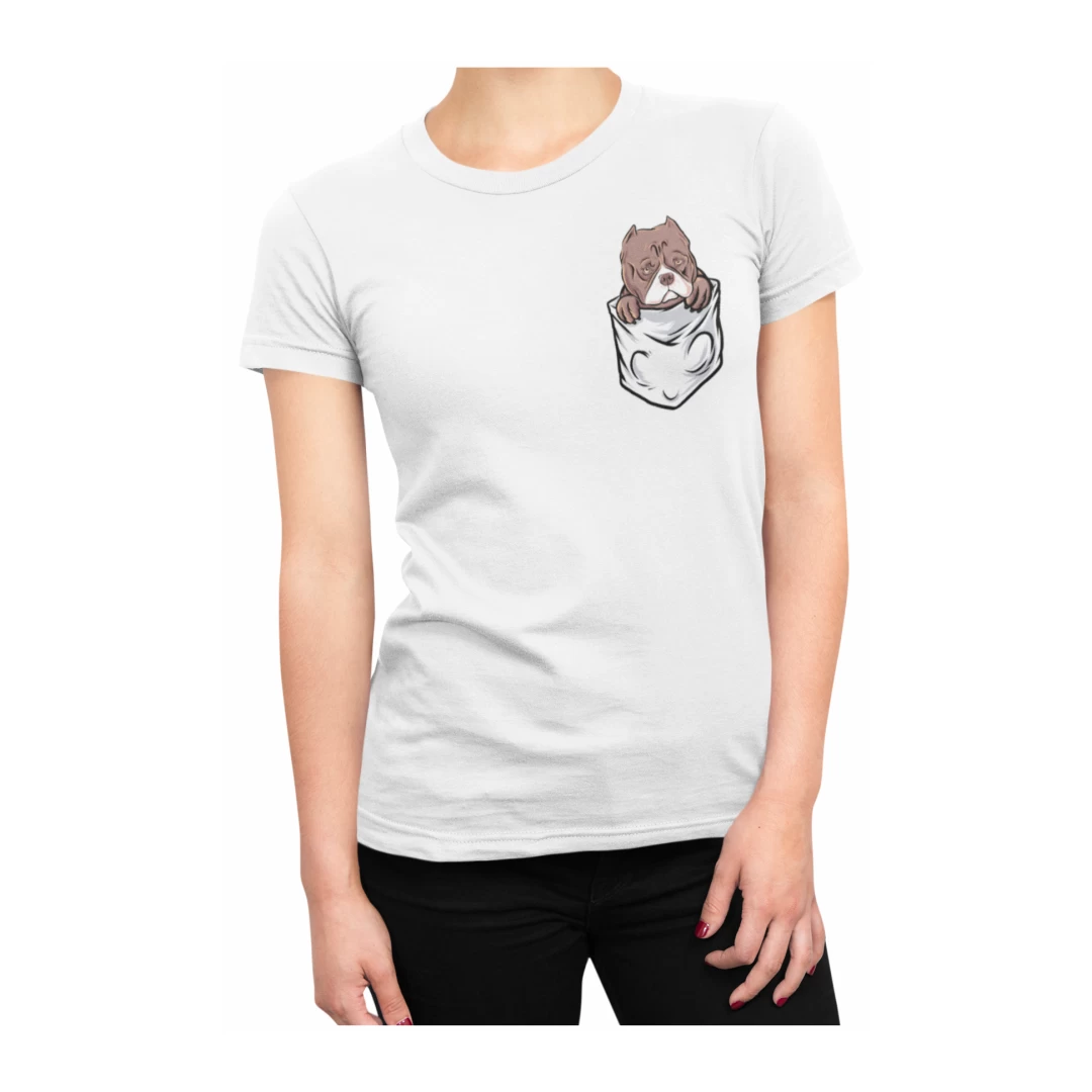 Tricou pentru femei, Priti Global, cu print buzunar, Pitbull, pentru iubitorii de caini, Alb, L - Tricou pentru femei, Priti Global, cu print buzunar, Pitbull, pentru iubitorii de caini, Alb, L