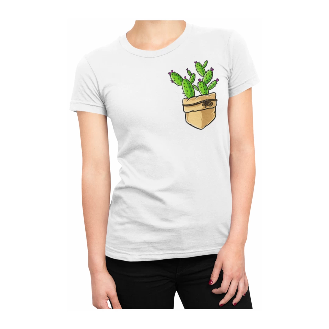 Tricou pentru femei, Priti Global, cu print buzunar, cactusi cu flori, Alb, L - Tricou pentru femei, Priti Global, cu print buzunar, cactusi cu flori, Alb, L