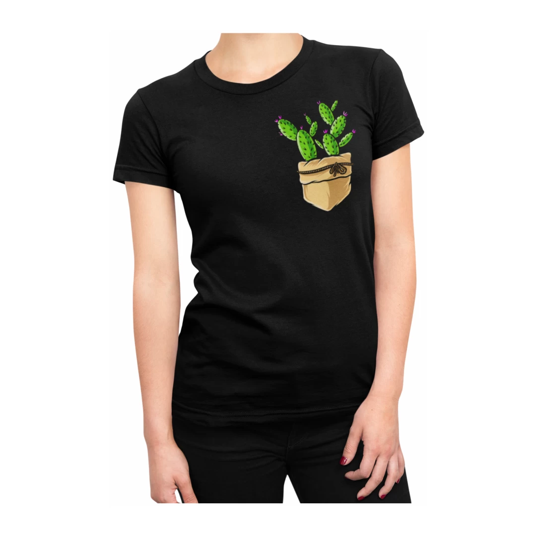 Tricou pentru femei, Priti Global, cu print buzunar, cactusi cu flori, Negru, L - Tricou pentru femei, Priti Global, cu print buzunar, cactusi cu flori, Negru, L