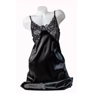 Camasa de noapte dama, satin soft elastic, dantela, negru, Adela, BLD by Exclusive, L - 
