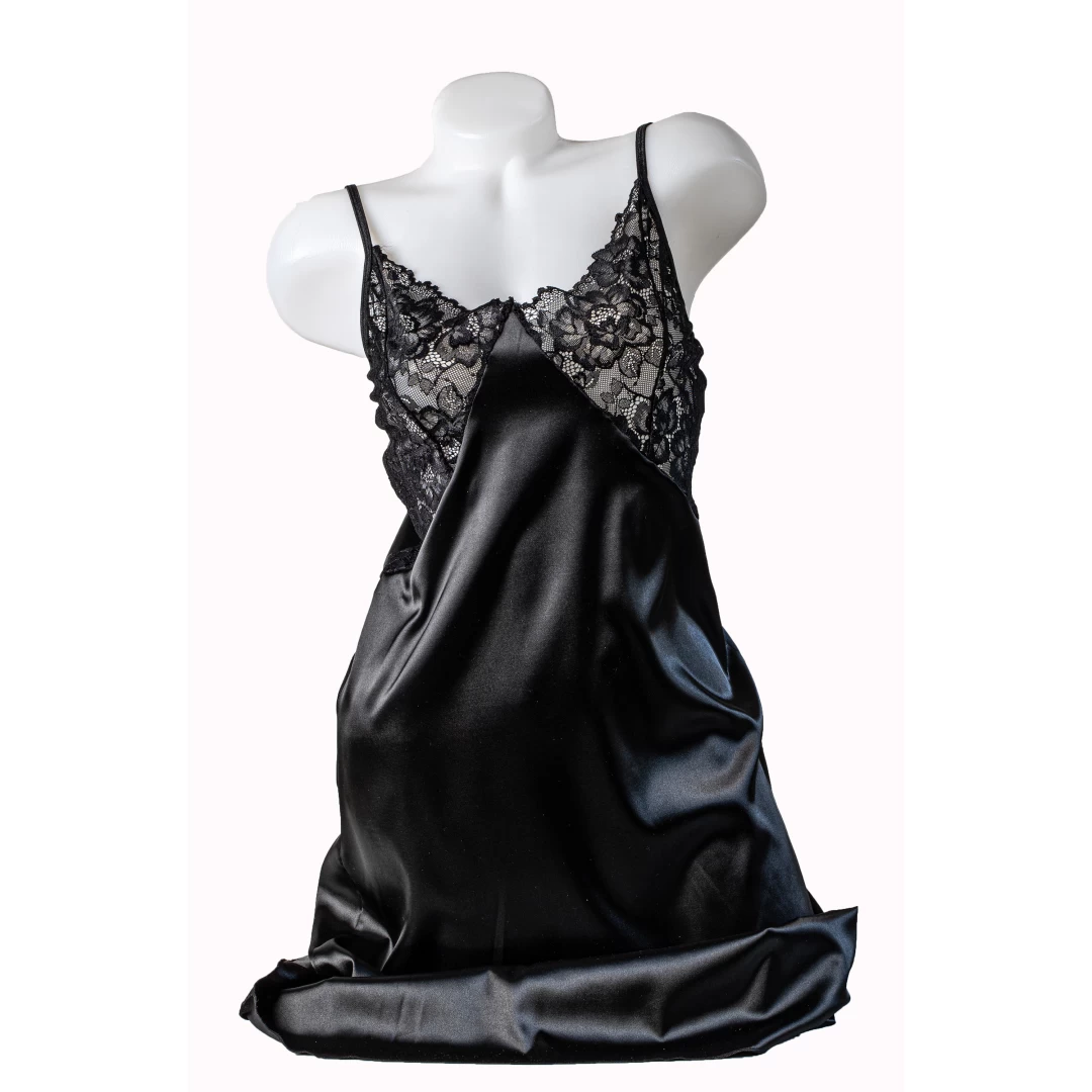 Camasa de noapte dama, satin soft elastic, dantela, negru, Adela, BLD by Exclusive, S - 