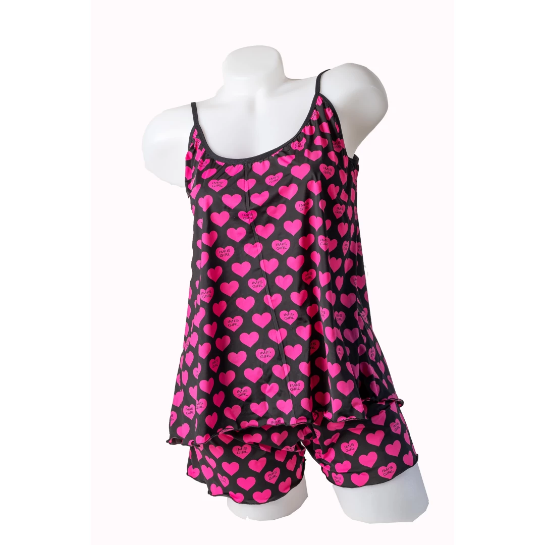 Pijama dama, microfibra imprimata, elastica, negru cu inimioare, Pinky Heart, BLD by Exclusive, M - 