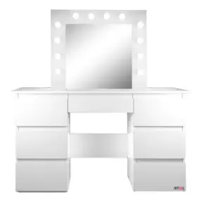 Masa de toaleta/machiaj, alba, cu oglinda si LED-uri, Vanessa, 130x43x143 cm - 