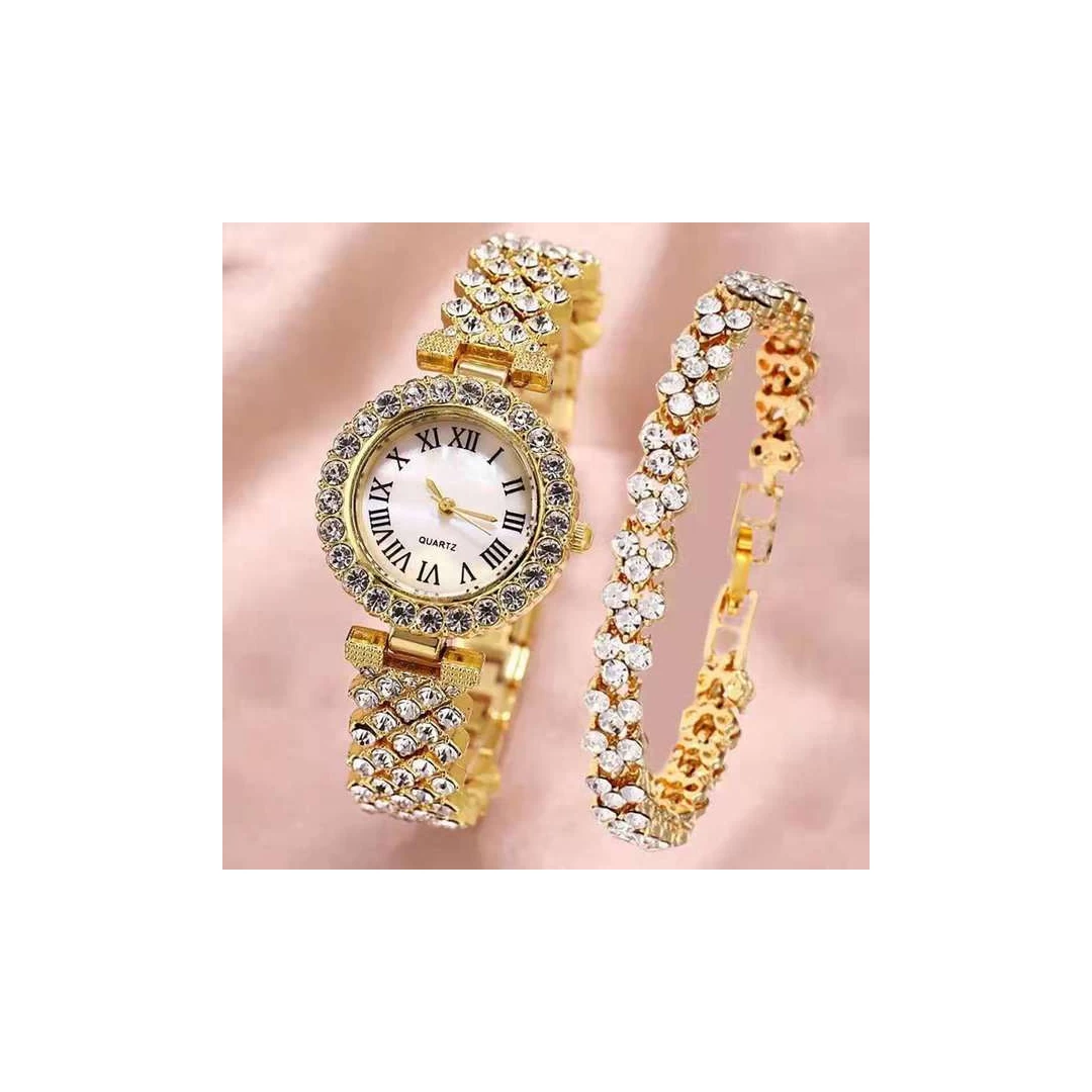Set cadou cu ceas de dama Geneva Crystal auriu si bratara - Set cadou cu ceas de dama Geneva Crystal auriu si bratara
