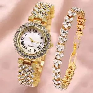 Set cadou cu ceas de dama Geneva Crystal auriu si bratara - Set cadou cu ceas de dama Geneva Crystal auriu si bratara
