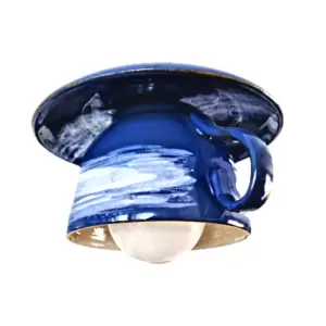 Pendul „Trasaturi imperfecte” E27, 1x60W, ceasca gigant + farfurie ceramica, albastru - 