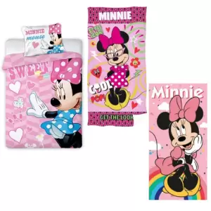 Set Minnie Mouse 3 in 1 , Lenjerie de pat cu Husa pentru pilota, 1 fata de perna si 2 prosoape 70 x 140 cm, Roz - Set Minnie Mouse 3 in 1 , Lenjerie de pat cu Husa pentru pilota, 1 fata de perna si 2 prosoape 70 x 140 cm, Roz