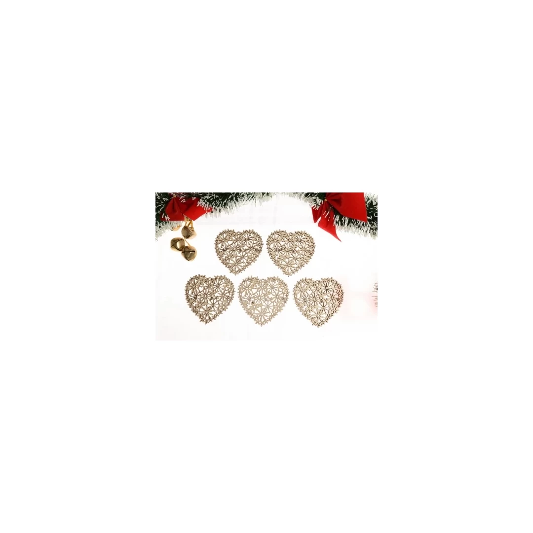 Set 5 ornamente in forma de inima cu flori, din lemn pentru craciun - c053 - 
