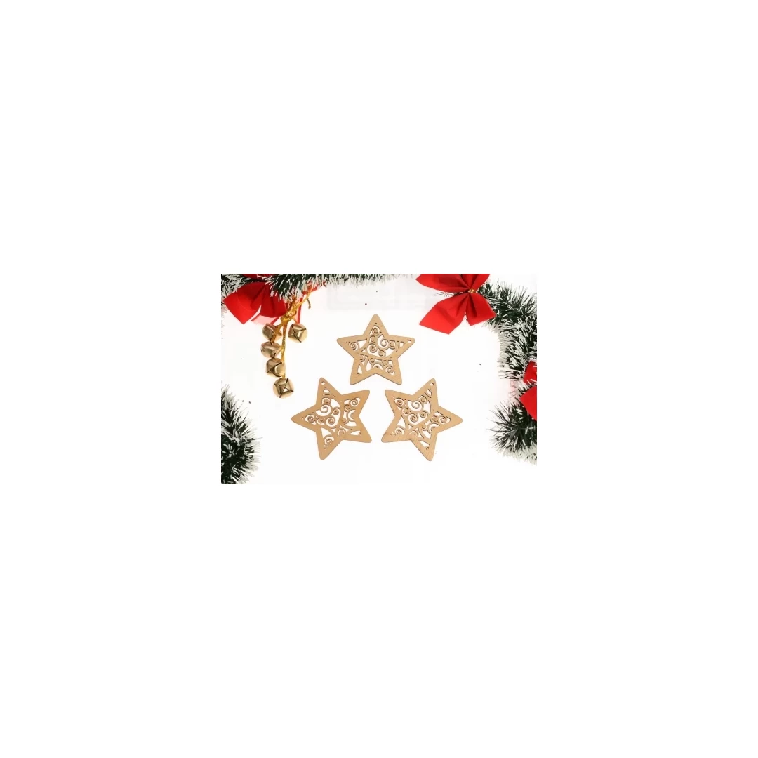 Set 3 ornamente din lemn pentru craciun in forma de stea cu decupaje - c037 - 