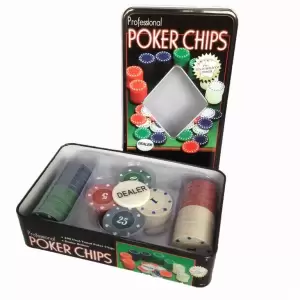 Joc de poker in cutie de aluminiu cu 2 pachete de carti si 4 x 25 jetoane (albastru, verde, alb si rosu), 192 x 117 x 50 mm - 