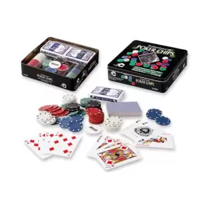 Set Poker cu 100 chips poker in cutie metalica, buton dealer, jetoane 4 culori de 1, 5 10 si 25,  2 carti joc - 