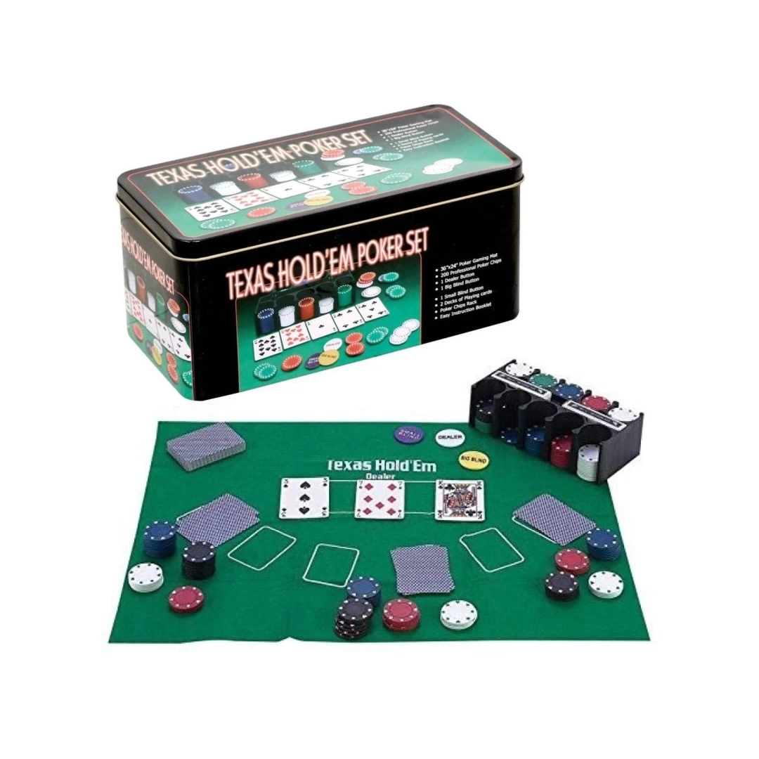 Poker cu 200 chips poker in cutie metalica, buton dealer, jetoane 4 culori de 1, 5 10 si 25,  carti joc - 