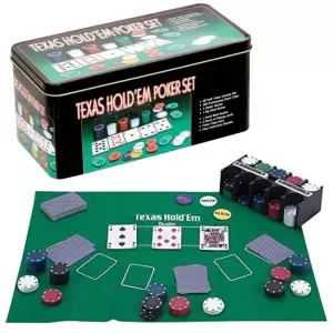 Poker cu 200 chips poker in cutie metalica, buton dealer, jetoane 4 culori de 1, 5 10 si 25,  carti joc - 