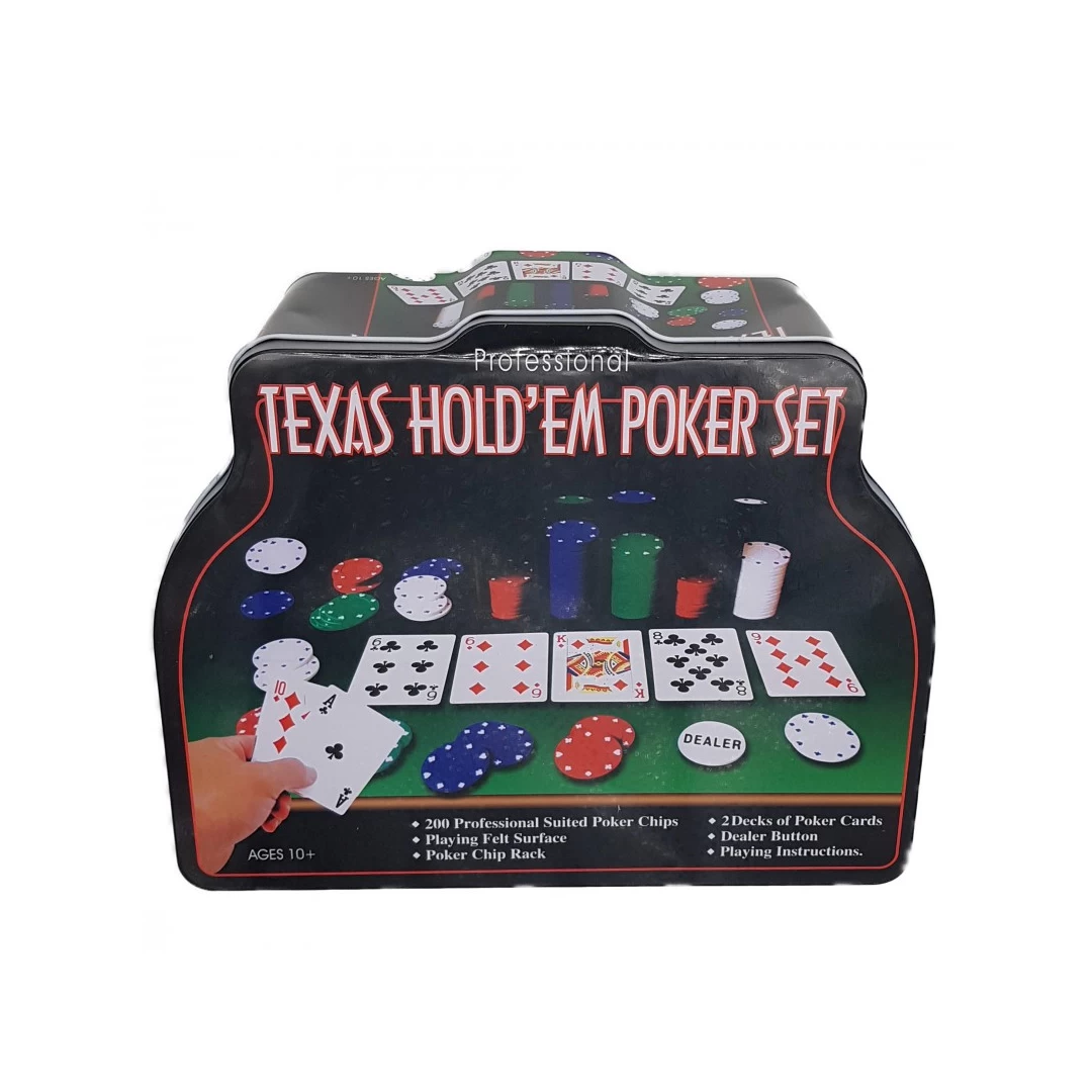 Set Poker Texas Holden negru 200 jetoane, 2 carti, covoras, 3 butoane, cutie - 