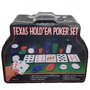 Set Poker Texas Holden negru 200 jetoane, 2 carti, covoras, 3 butoane, cutie - 