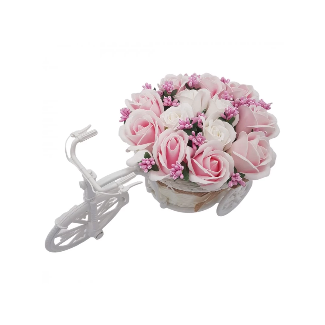 Aranjament floral trandafiri "Bicicleta cu flori zambarete", flori de sapun, Dalimag, 30x17x15 cm - 