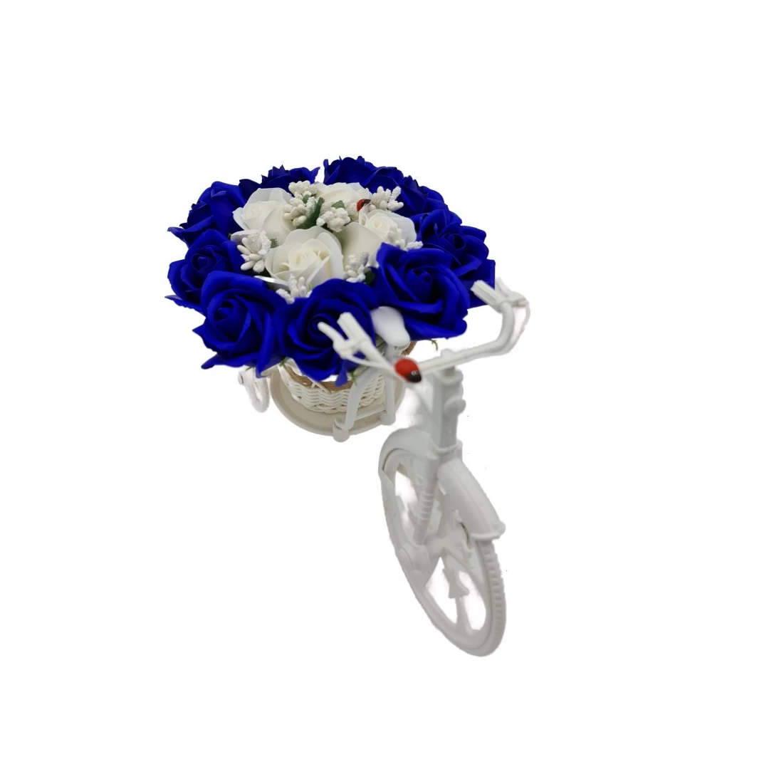 Aranjament floral trandafiri "Bicicleta cu flori zambarete", flori de sapun, albastru cu alb, 30x17x15 cm - 