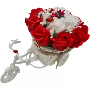 Aranjament floral trandafiri "Bicicleta cu flori zambarete", flori de sapun, rosu cu alb, Dalimag, 30x17x15 cm - 