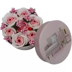 Aranjament floral 7 trandafiri cutie rotunda, flori de sapun, alb roz, 11x9x6 cm - 