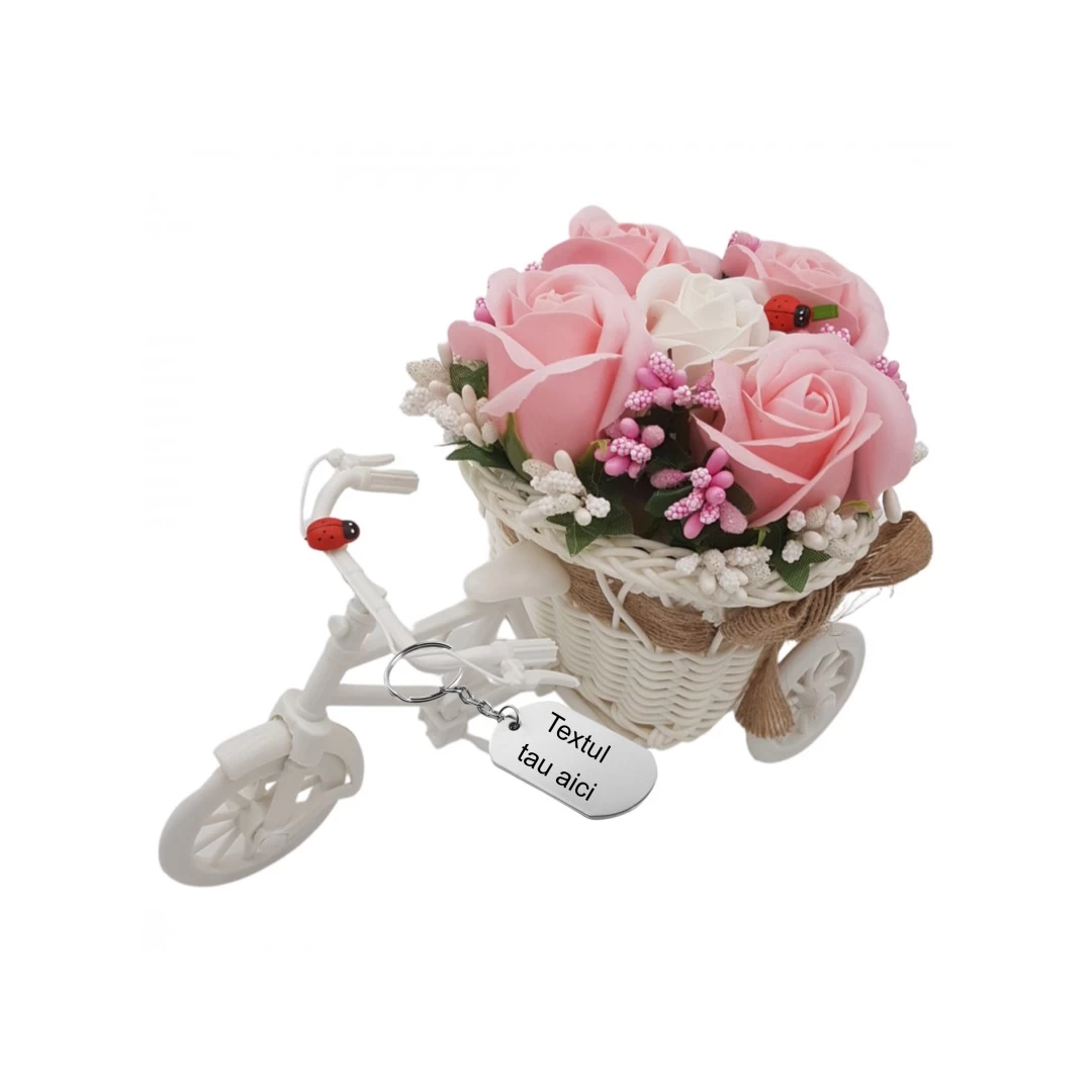 Aranjament floral gravat personalizat cu textul tau trandafiri "Bicicleta cu flori zambarete", flori de sapun, 22x15x12 cm - 