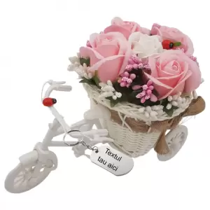 Aranjament floral gravat personalizat cu textul tau trandafiri "Bicicleta cu flori zambarete", flori de sapun, 22x15x12 cm - 