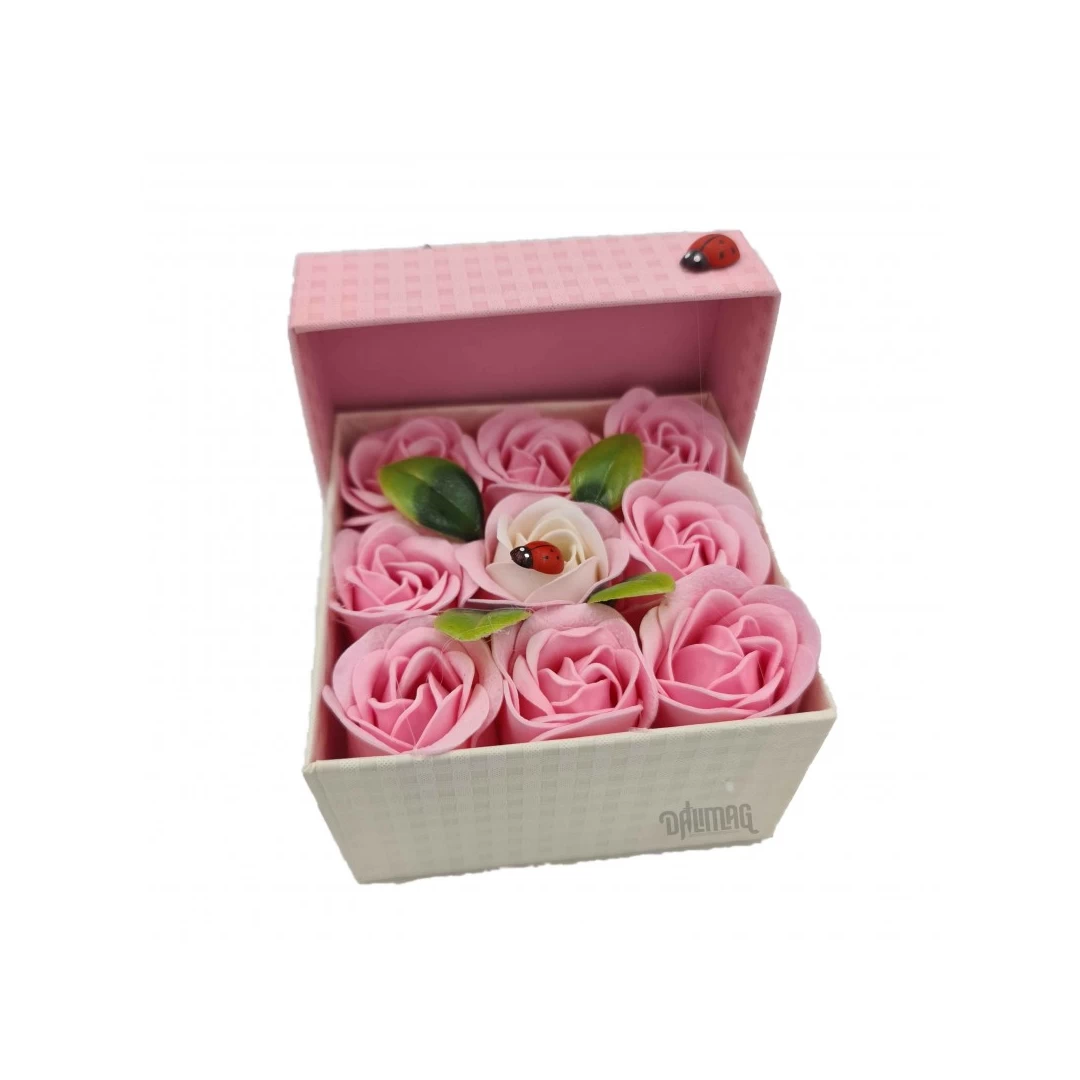 Aranjament floral 9 trandafiri sapun in cutie, alb, roz - 