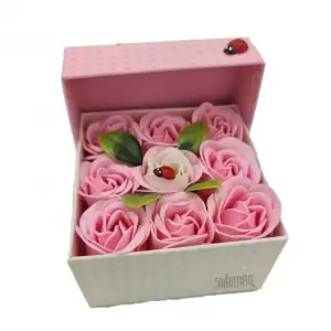Aranjament floral 9 trandafiri sapun in cutie, alb, roz - 