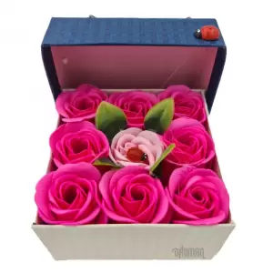 Aranjament floral 9 trandafiri sapun in cutie, rosu, roz - 
